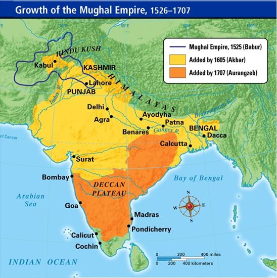 Dzieje wojny, bitwy - Mughal-empire-map. Mapa Wielkich Mogołów.jpg